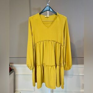 Oddy Women's V Neck Medium Dress Peasant Babydoll Tiered Mustard Yellow NWOT
